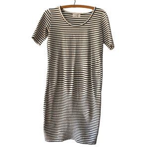 Madeleine Short Sleeve Blue & White Bodycon Striped Scoop Neck Maternity Dress.